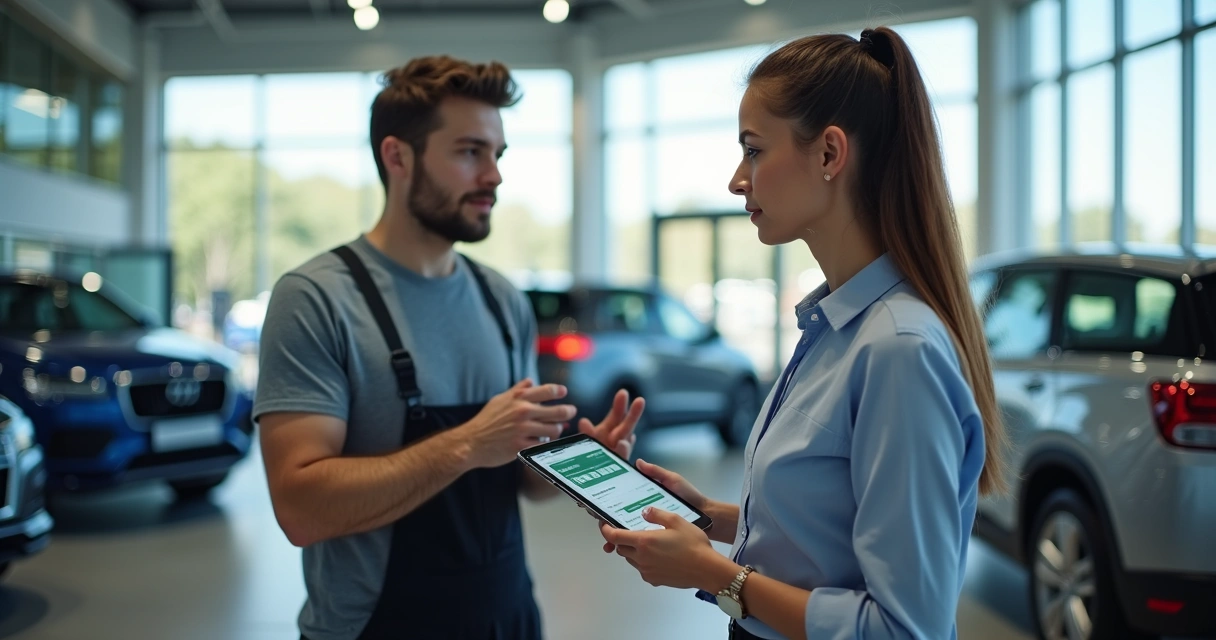 Vendedor de concessionária usando o WhatsApp para atender clientes com painel digital ao fundo 