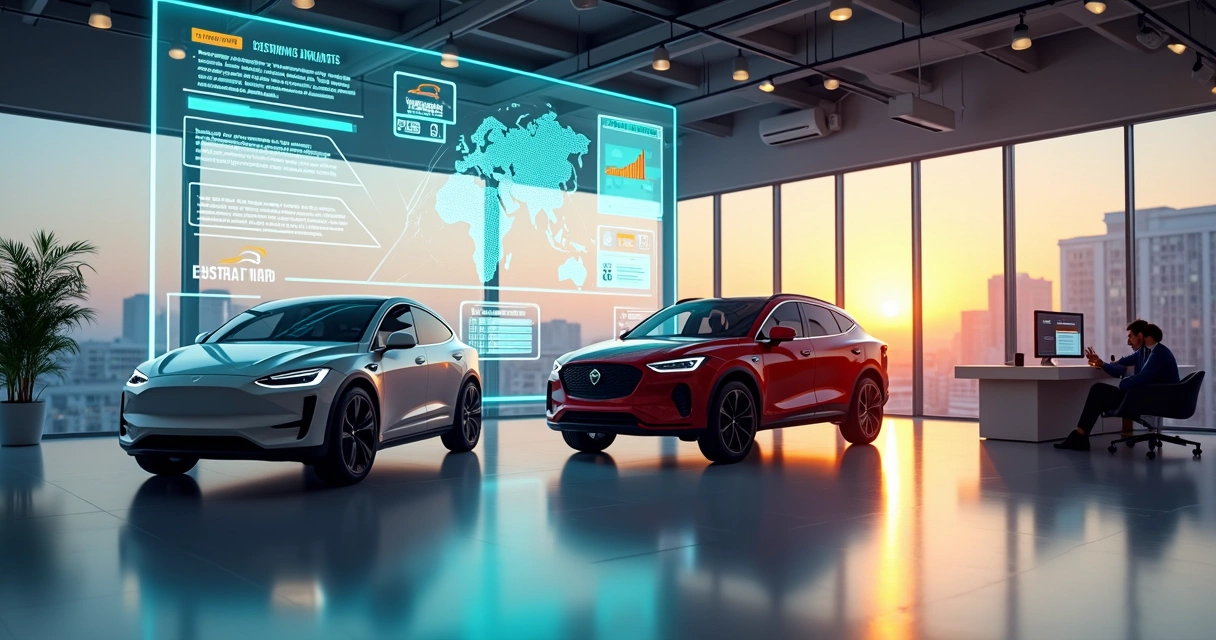 Showroom de concessionária moderna com painéis digitais mostrando leads automotivos 