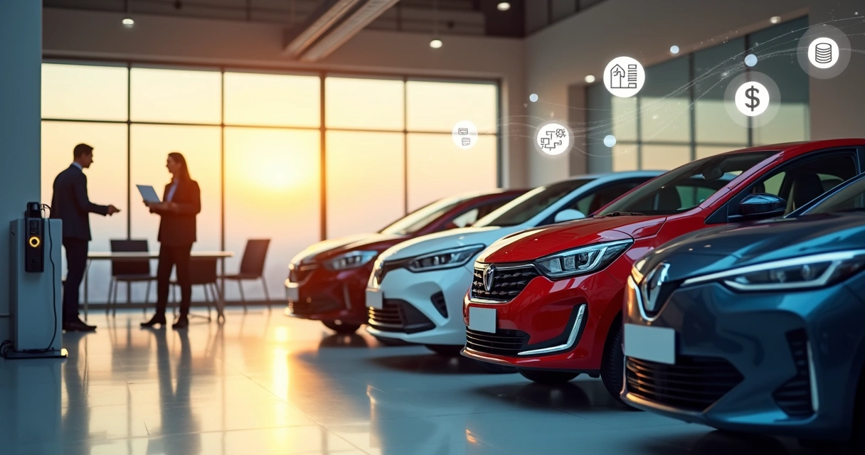 Showroom de concessionária com diferentes marcas de carros alinhados em destaque 