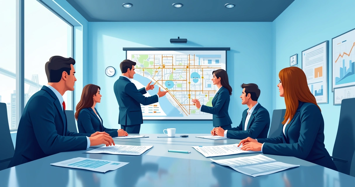 Sala de reunião moderna mostrando equipe analisando contrato de concessão 