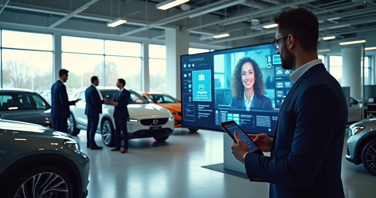 Equipe de vendas em concessionária usando tablets e telas digitais 