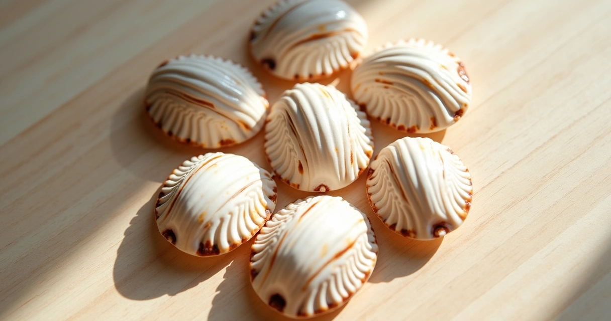 Conchas de búzios naturais agrupadas em círculo em uma superfície de madeira clara 