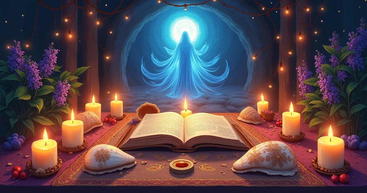 Conchas de búzios sobre um altar, com velas e uma figura espiritual no fundo.