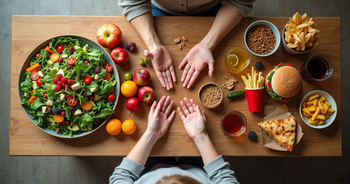Persona eligiendo entre comida saludable y comida ultraprocesada sobre una mesa 