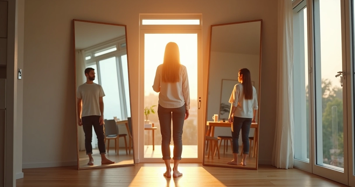 Persona observando su reflejo en tres espejos con escenas de su vida diaria 