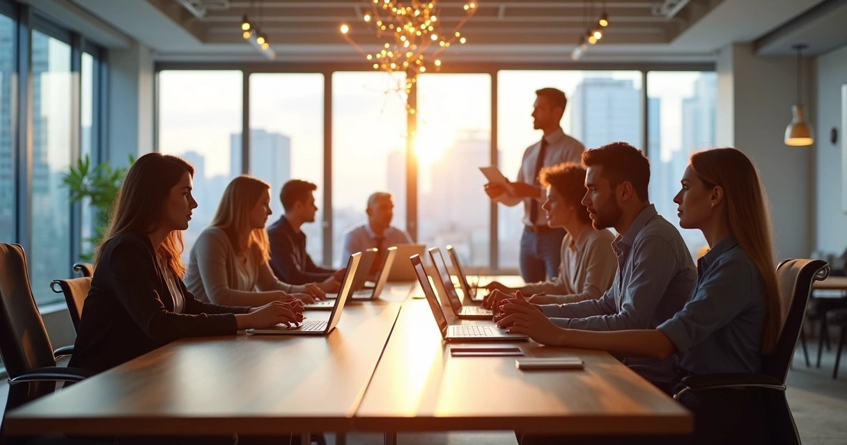 Equipo diverso en oficina conectados por red luminosa que simboliza conciencia colectiva 