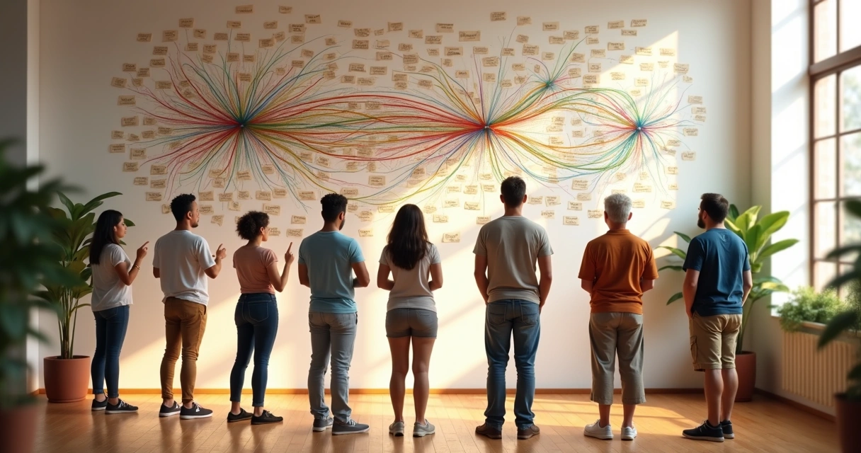 Grupo diverso mirando mural de ideas conectadas por hilos 