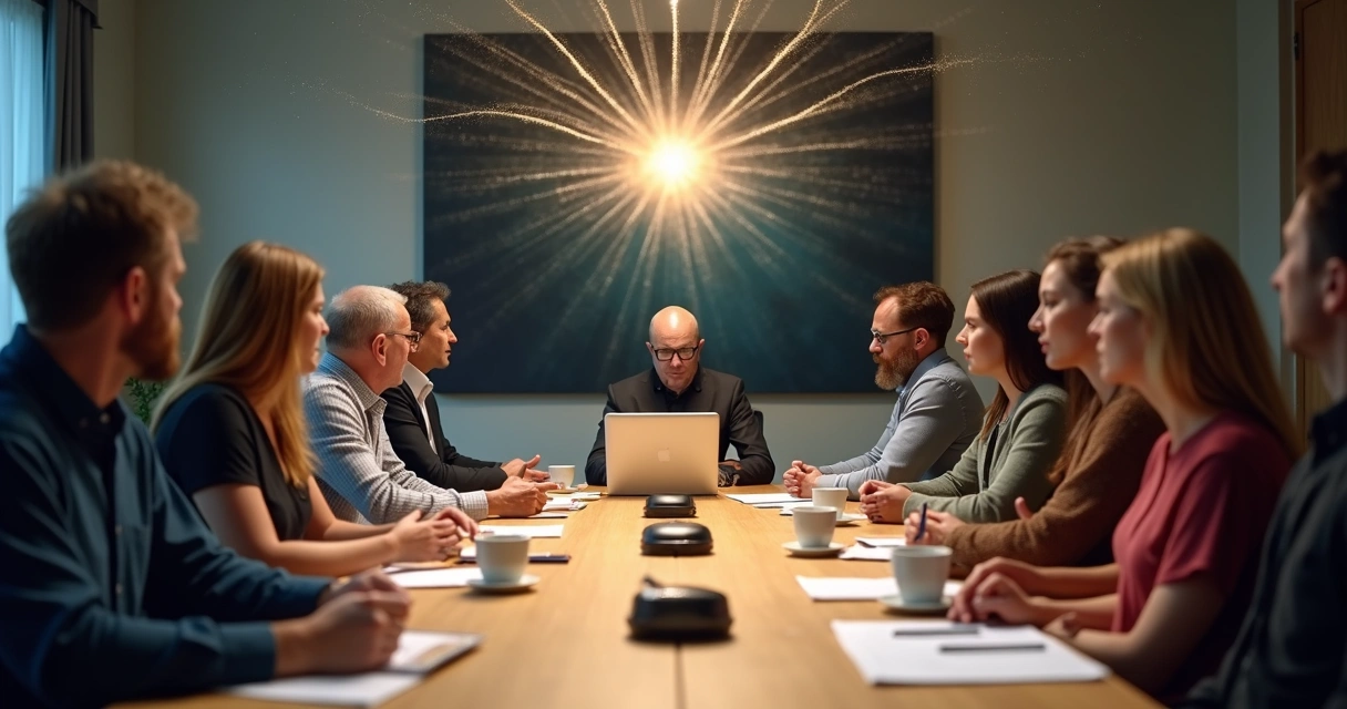 Grupo diverso unido alrededor de una mesa mientras líneas de luz conectan sus cabezas a una red más amplia 