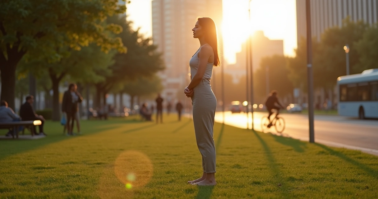 Persona de pie en un parque urbano sintiendo su respiración con la ciudad al fondo 