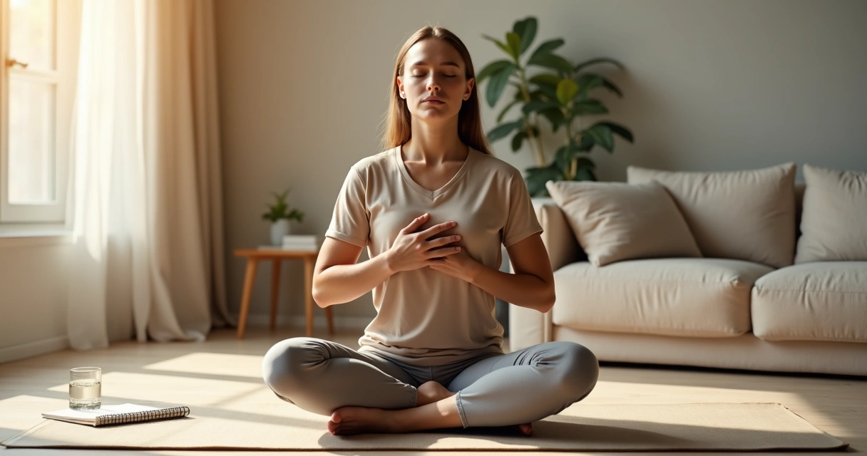 Persona sentada con ojos cerrados sintiendo su cuerpo y regulando emociones intensas 
