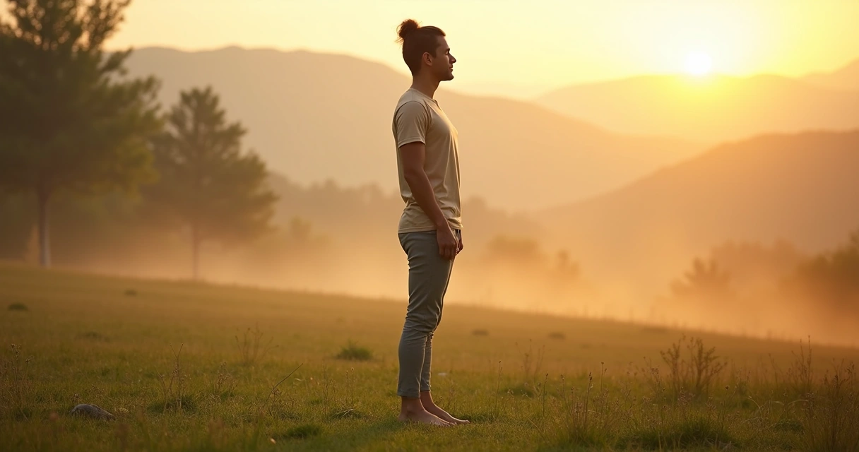 Persona de pie practicando conciencia corporal en postura relajada al aire libre 