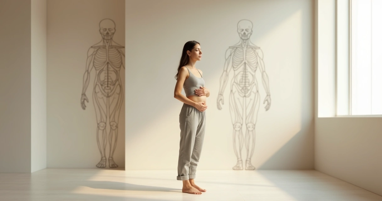 Mujer de pie con los ojos cerrados sintiendo su cuerpo en un espacio luminoso 