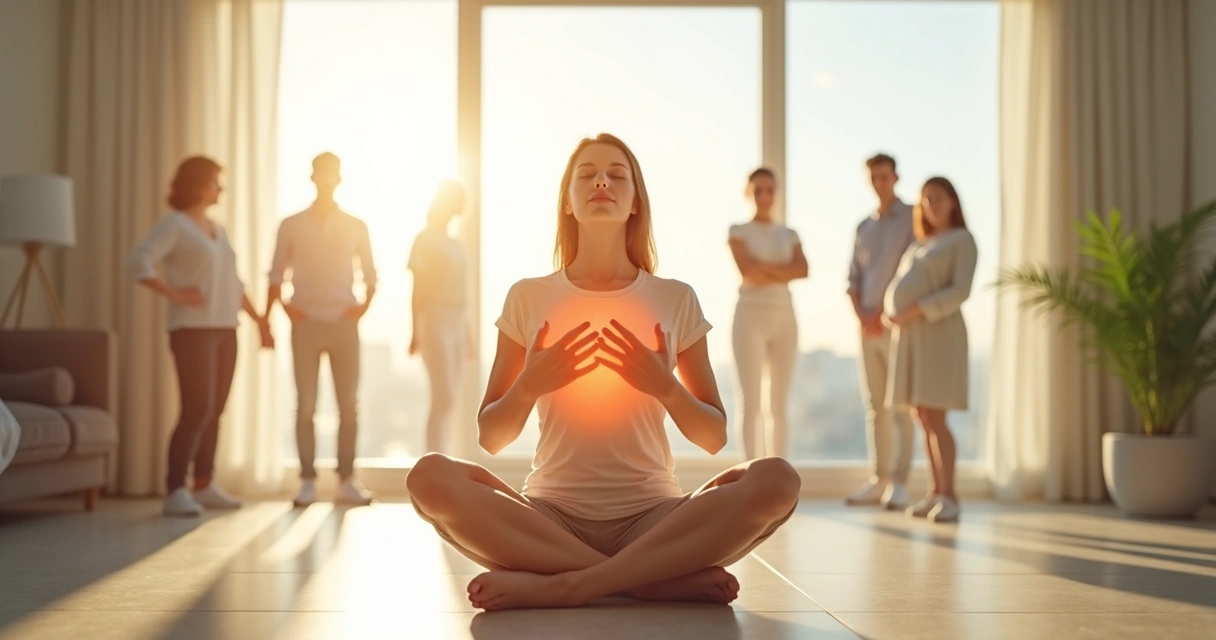 Persona con ojos cerrados sintiendo su cuerpo rodeada de siluetas que representan sus relaciones 