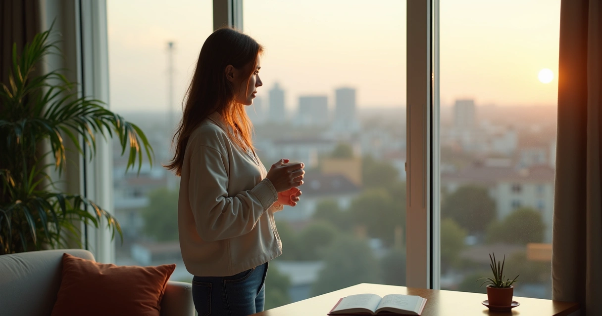 Persona en pausa reflexionando mirando por ventana 
