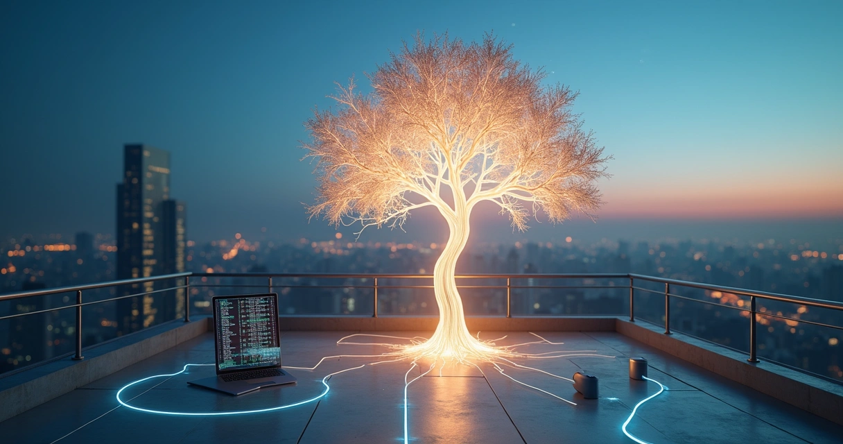 Árbol luminoso conectado a dispositivos digitales sobre una ciudad nocturna 