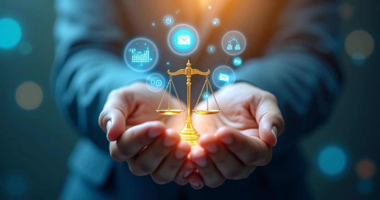 Manos sosteniendo iconos de datos y una balanza de justicia 