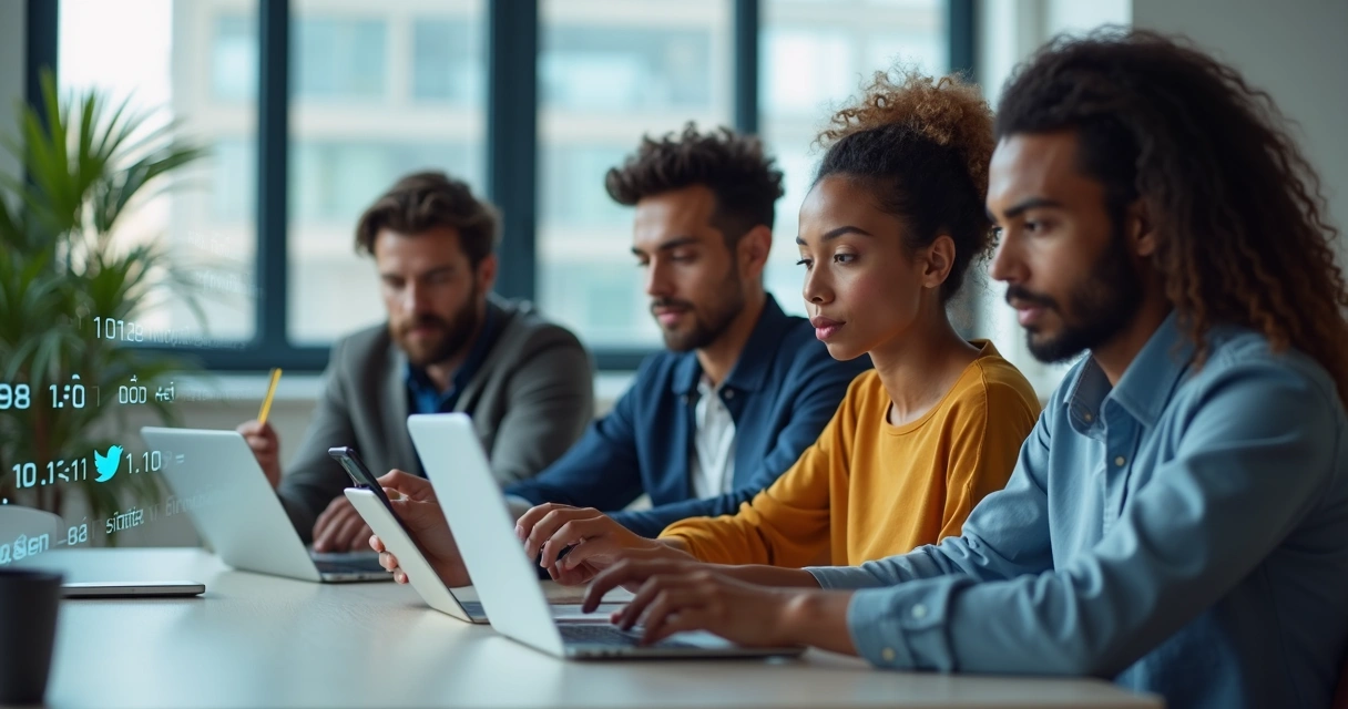 Grupo de personas usando distintos dispositivos electrónicos en un espacio moderno.