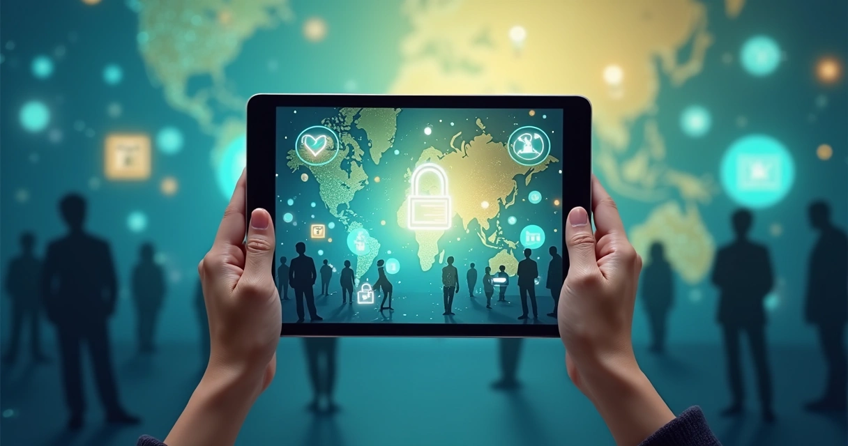 Manos sosteniendo una tableta digital con ilustraciones de responsabilidad digital