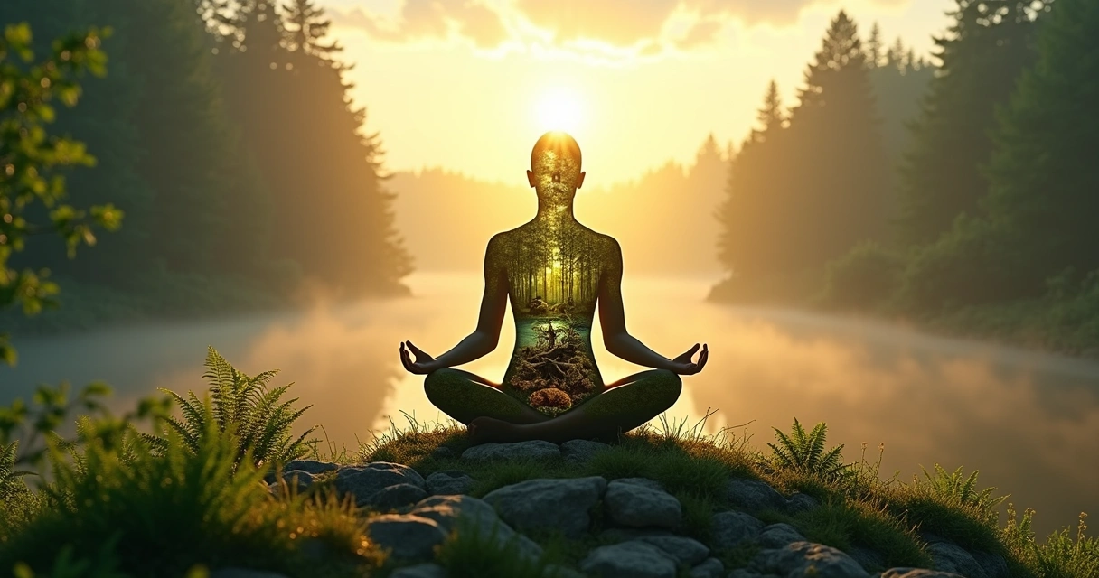 Persona meditando en la naturaleza con un bosque reflejado en su silueta 