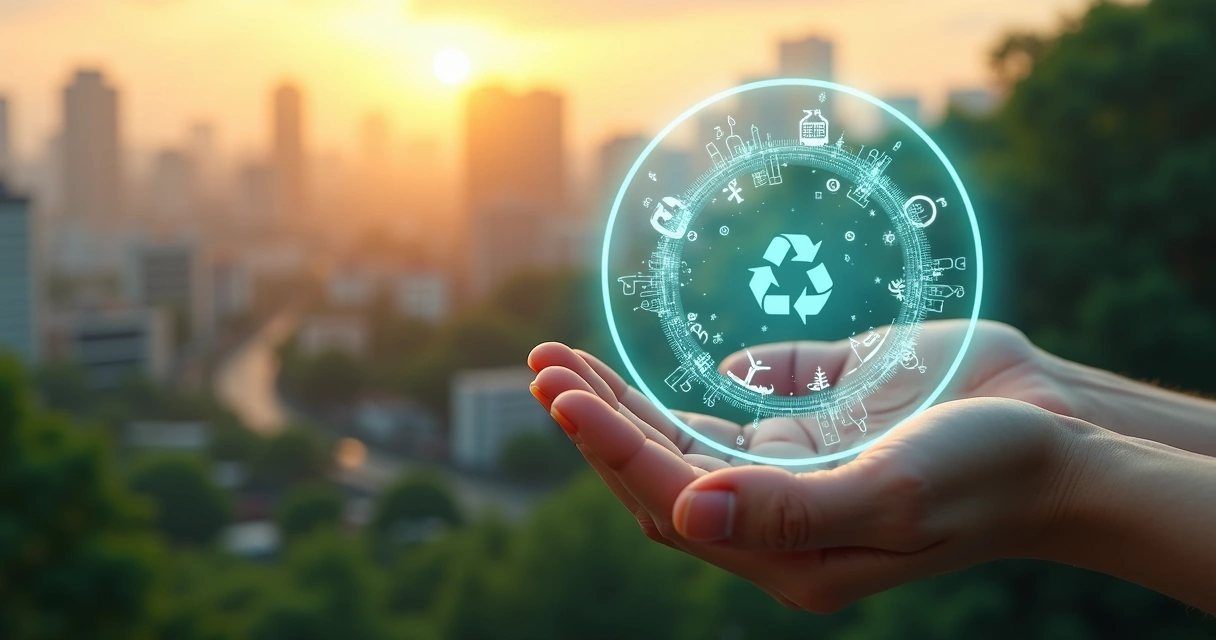 Manos humanas sosteniendo un círculo luminoso con iconos de economía circular sobre una ciudad sostenible 