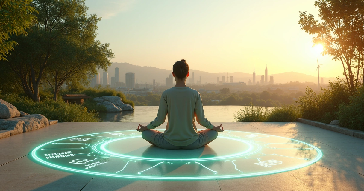 Persona meditando sobre un círculo luminoso que conecta naturaleza y ciudad 