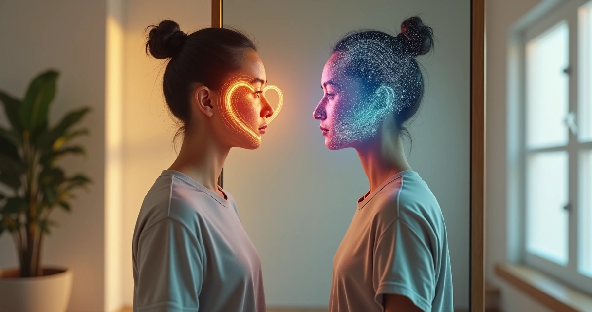 Persona frente a un espejo con reflejo compuesto de formas abstractas de mente y corazón 