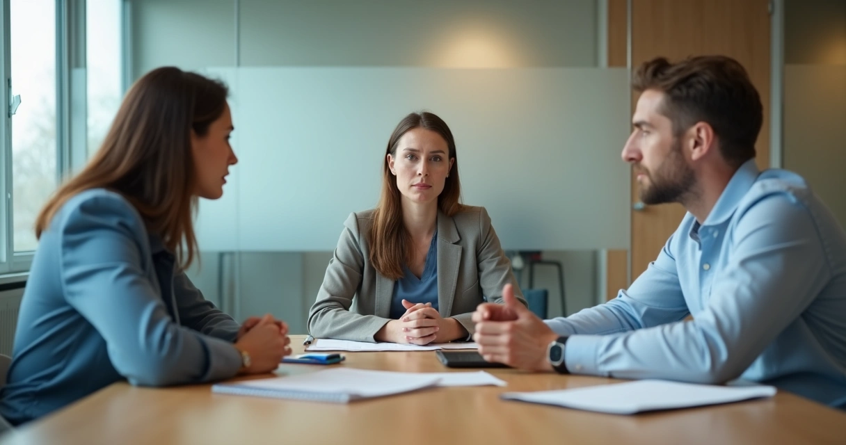 Dos personas en una reunión tensa guiadas por una líder tranquila que facilita el diálogo consciente 