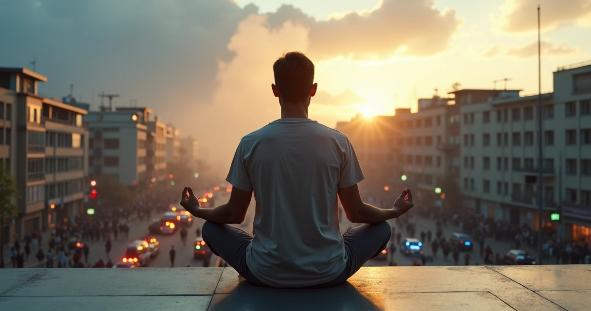 Persona meditando en calma frente a una ciudad en crisis 