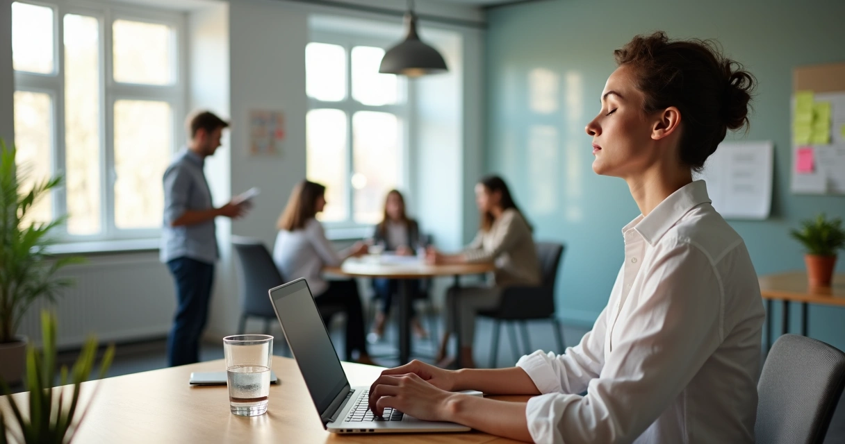 Profesional sentado en oficina moderna practicando consciencia emocional en el trabajo 