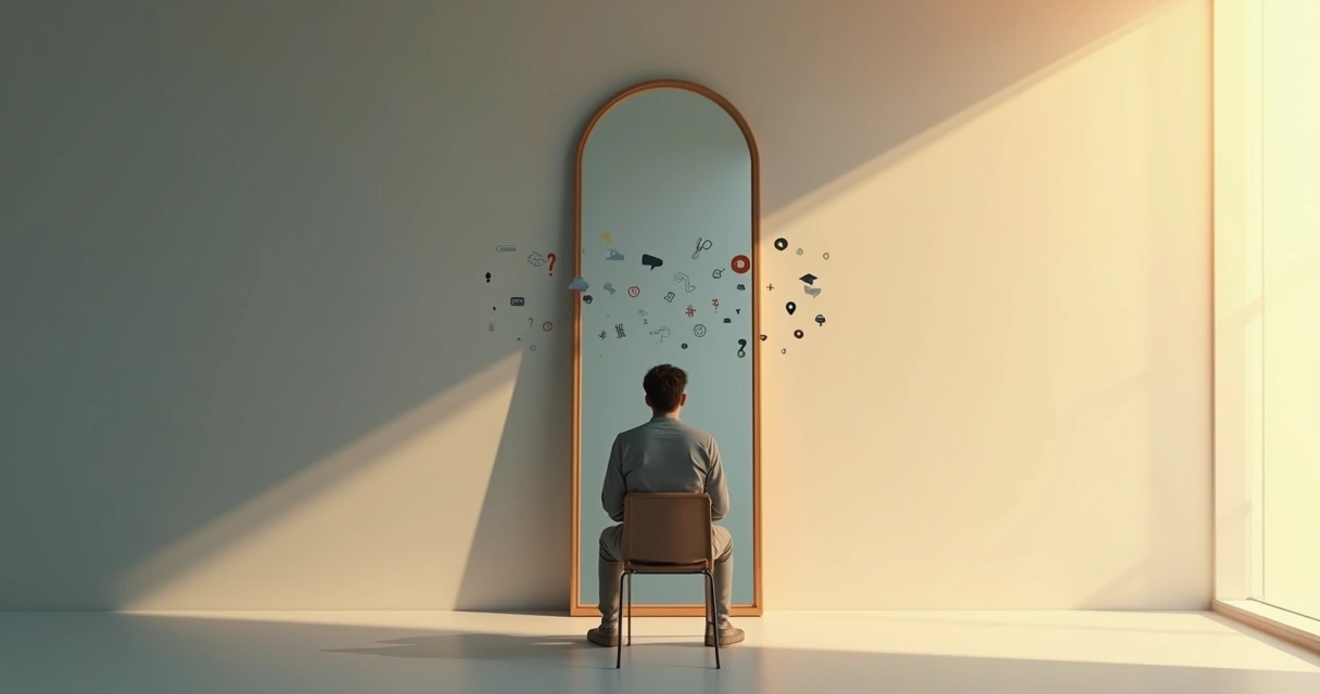 Persona reflexionando frente a su reflejo con símbolos emocionales alrededor 
