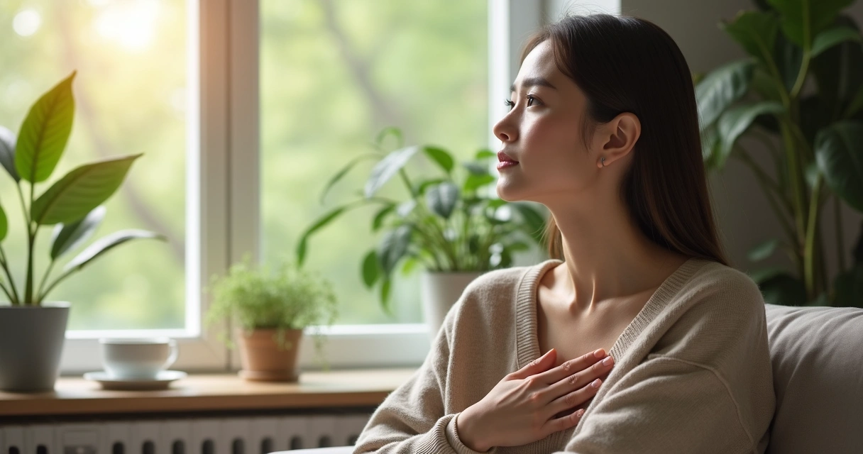 Mujer sentada frente a ventana con luz suave, con expresión reflexiva y mano en el corazón 
