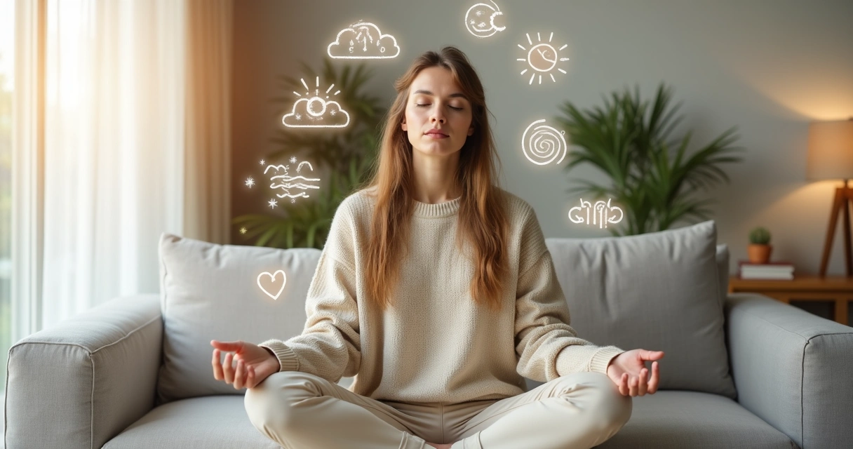 Mujer sentada meditando con ilustraciones de emociones alrededor 