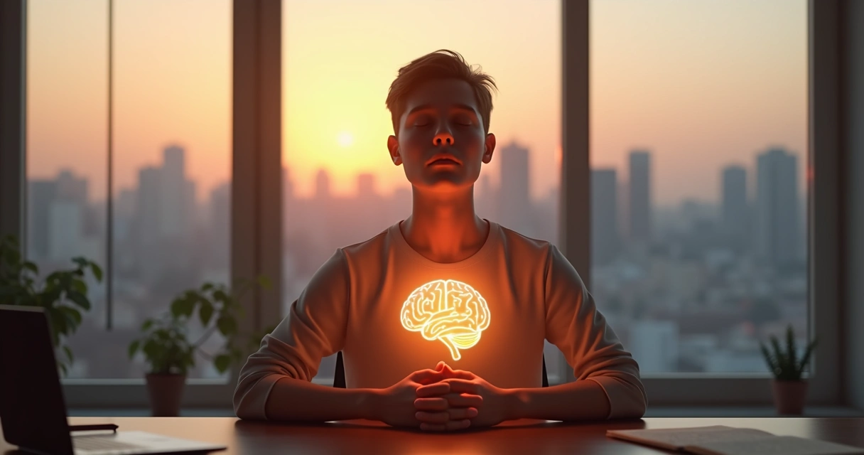 Persona con ojos cerrados sosteniendo un cerebro luminoso sobre el pecho 