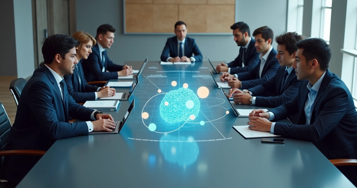 Mesa de negociación vista desde arriba con dos equipos y un mapa emocional digital entre ellos 