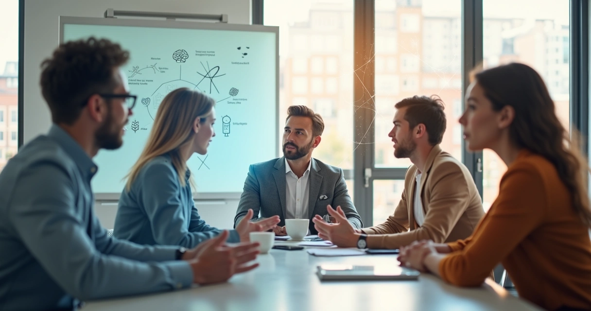 Equipo de oficina reunido con siluetas transparentes que reflejan sus emociones internas 