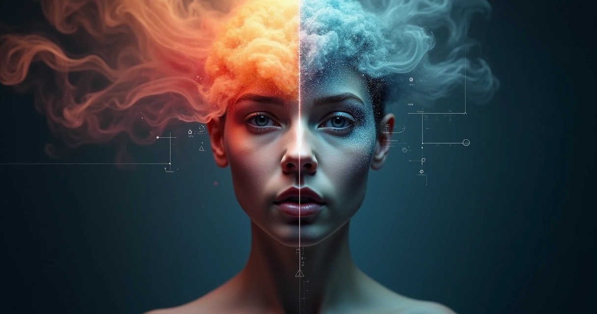 Rostro dividido entre lado emocional colorido y lado racional geométrico 