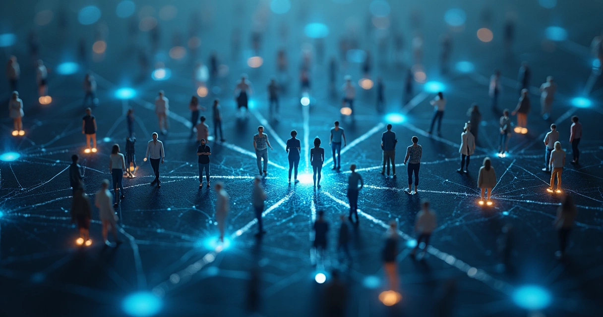 Personas conectadas en una red con líneas abstractas de luz 