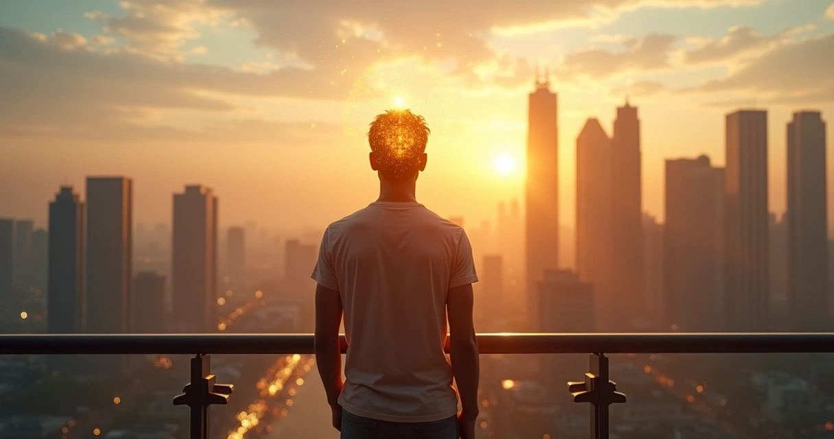 Persona con silueta luminosa observando una ciudad al amanecer 