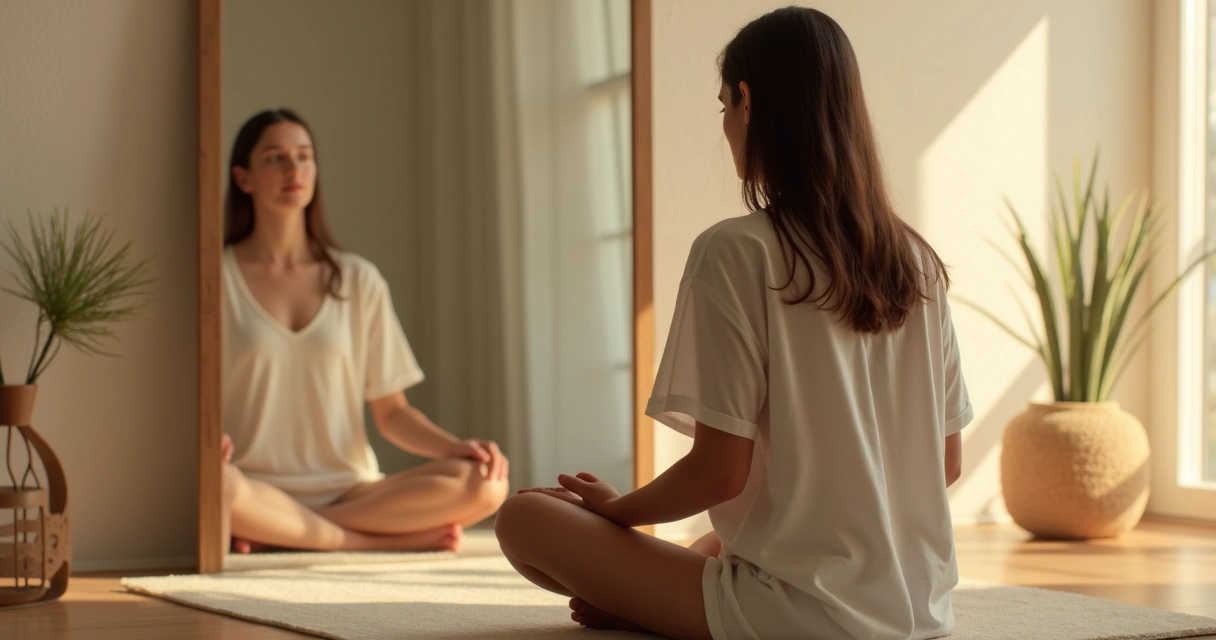 Persona sentada con mirada serena reflejada en un espejo, ambiente cálido