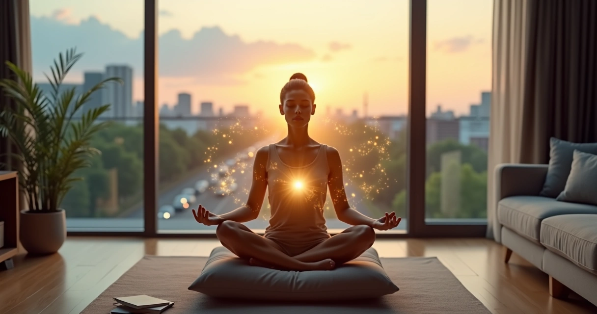 Persona meditando en un salón moderno con energía luminosa conectada al mundo exterior 