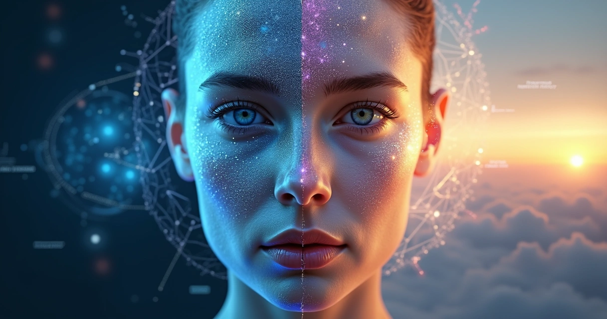 Mitad de rostro humano dividida entre símbolos científicos y espirituales 