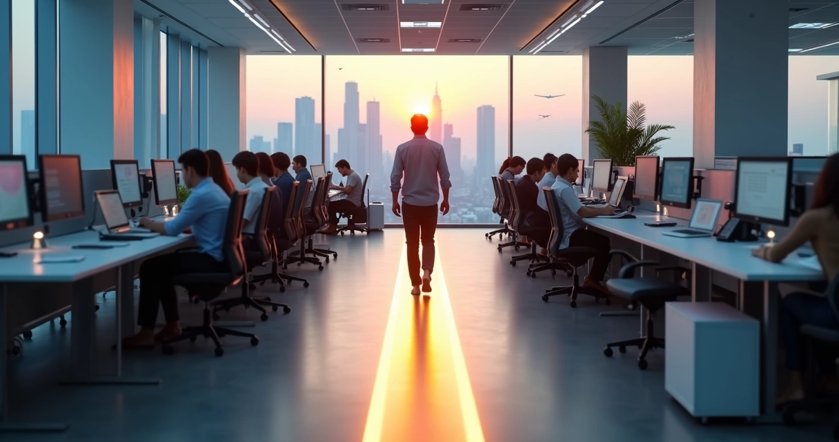 Profesional caminando en oficina moderna con línea de luz calmada entre mesas y pantallas 