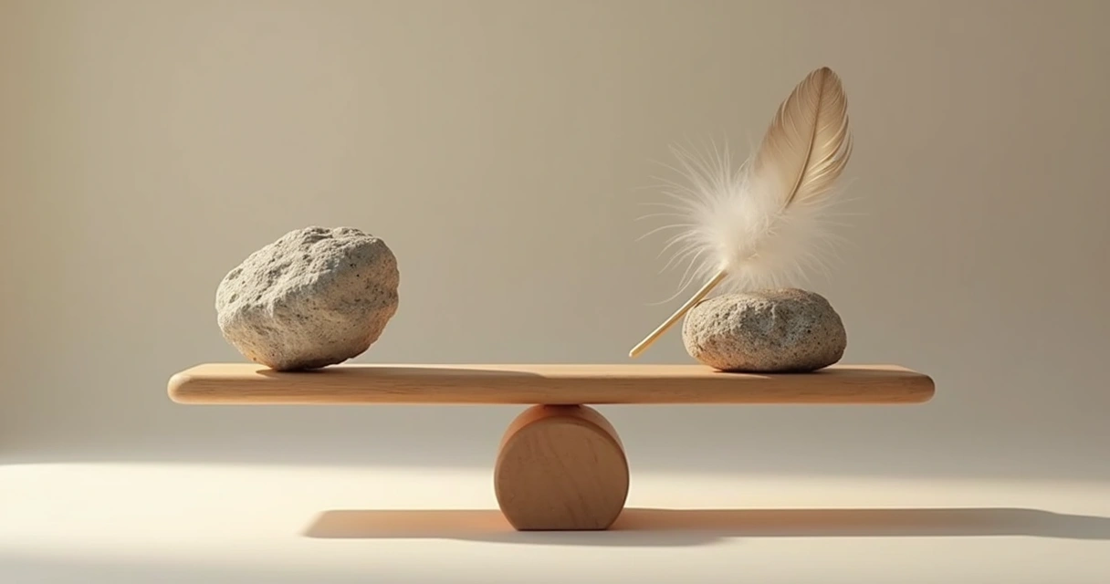 Balanza de madera equilibrando una piedra con una pluma