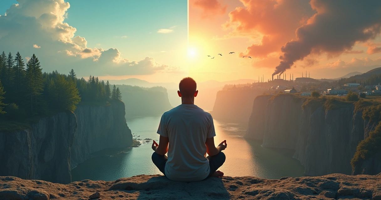 Persona reflexionando frente a un paisaje dividido entre armonía y destrucción 