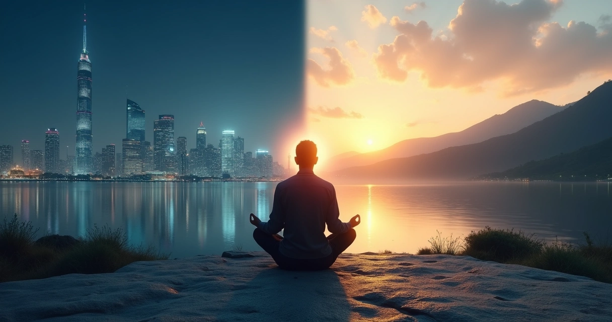 Persona meditando ante un paisaje dividido entre ciudad y naturaleza 