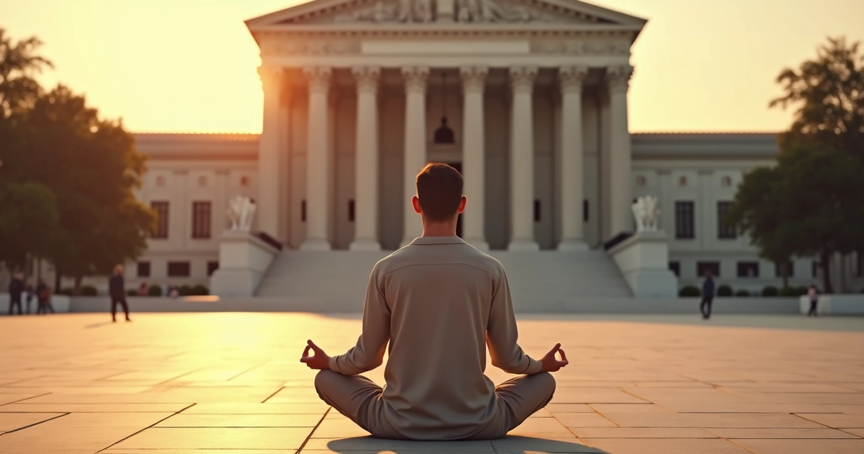 Persona meditando frente a un edificio gubernamental al atardecer 