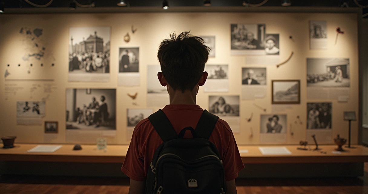 Joven reflexionando en un museo de historia 