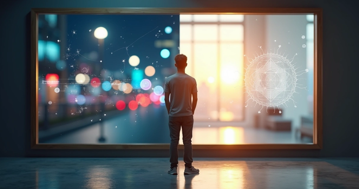 Persona frente a espejo dividido entre caos y claridad representando mitos sobre la conciencia 