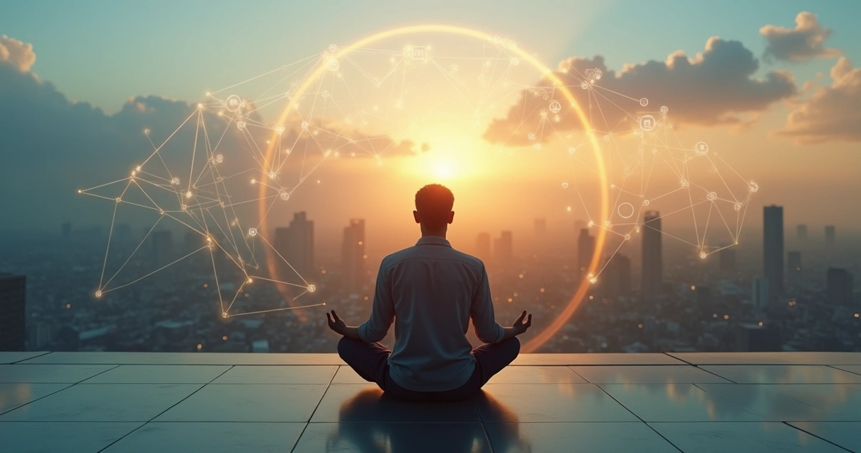 Persona meditando sobre una ciudad reflejando impacto social de la conciencia 