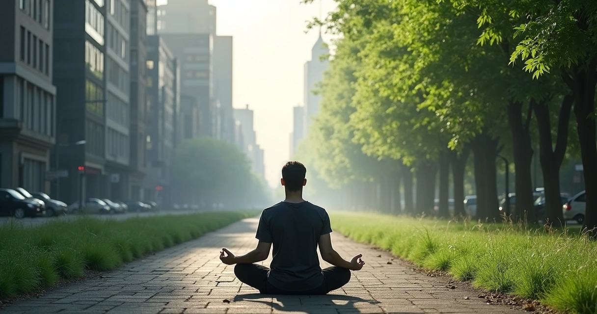 Persona reflexionando con paisajes contrastantes a su alrededor 